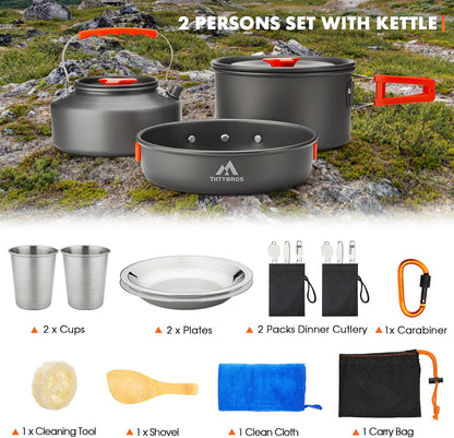 Set Veselă și Gătit pentru Camping 17 Piese, Aluminiu Anodizat Dur, pentru 2 Persoane, cu Oală, Tigaie, Fierbător, Tacâmuri și Geantă de Transport