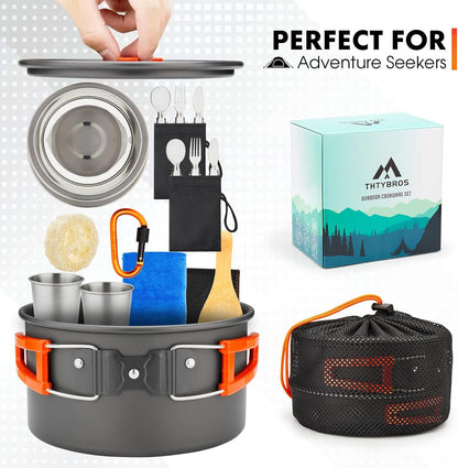 Set Veselă și Gătit pentru Camping 17 Piese, Aluminiu Anodizat Dur, pentru 2 Persoane, cu Oală, Tigaie, Fierbător, Tacâmuri și Geantă de Transport