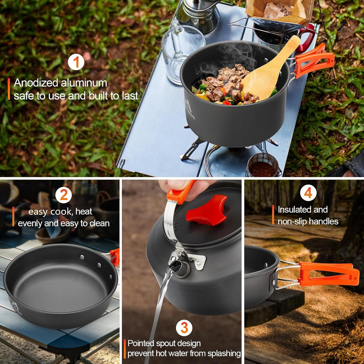 Set Veselă și Gătit pentru Camping 17 Piese, Aluminiu Anodizat Dur, pentru 2 Persoane, cu Oală, Tigaie, Fierbător, Tacâmuri și Geantă de Transport