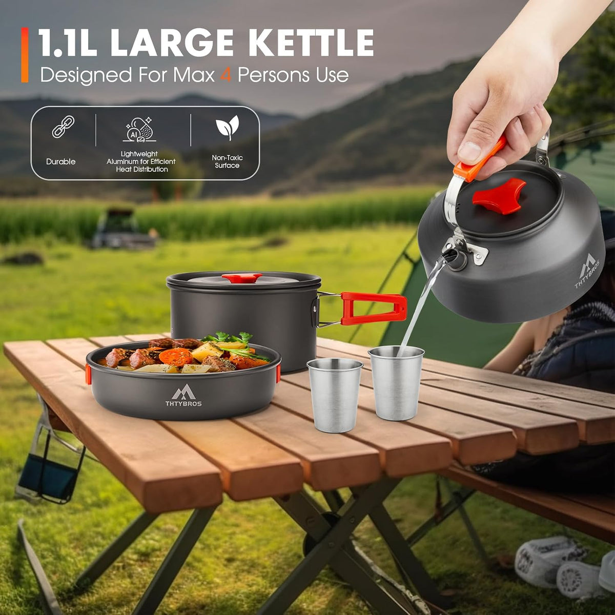 Set Veselă și Gătit pentru Camping 17 Piese, Aluminiu Anodizat Dur, pentru 2 Persoane, cu Oală, Tigaie, Fierbător, Tacâmuri și Geantă de Transport