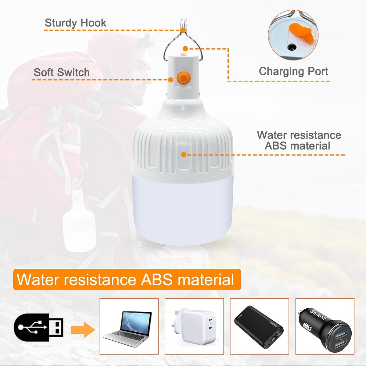 Lanternă LED Reîncărcabilă pentru Camping, Set 2 Bucăți, 3 Moduri de Iluminare, Cârlig Suspendare, Rezistentă la Apă