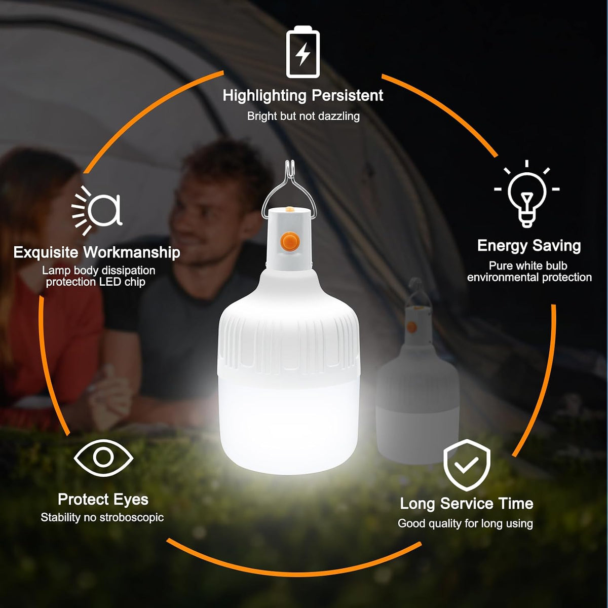 Lanternă LED Reîncărcabilă pentru Camping, Set 2 Bucăți, 3 Moduri de Iluminare, Cârlig Suspendare, Rezistentă la Apă