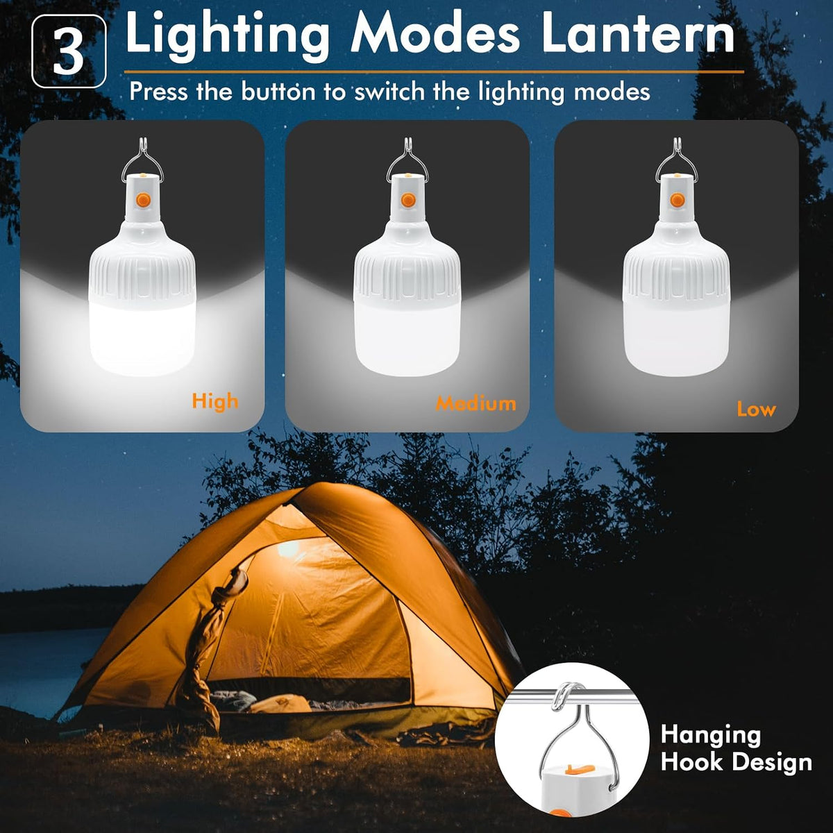 Lanternă LED Reîncărcabilă pentru Camping, Set 2 Bucăți, 3 Moduri de Iluminare, Cârlig Suspendare, Rezistentă la Apă