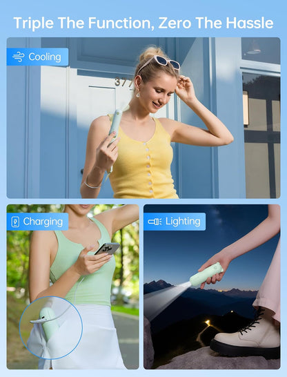 Ventilator Portabil 3 în 1 Reîncărcabil USB, Power Bank și Lanternă LED, Autonomie până la 19 Ore, Design Compact Pliabil