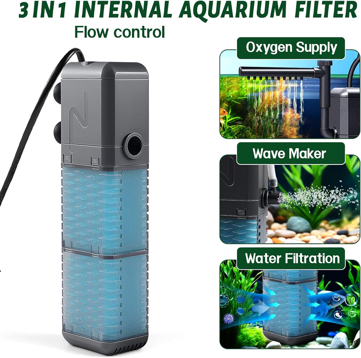 Filtru Intern pentru Acvariu 9W, 800L/h, cu Bară de Pulverizare și 2 Bureți de Schimb, pentru Acvarii 20-50L