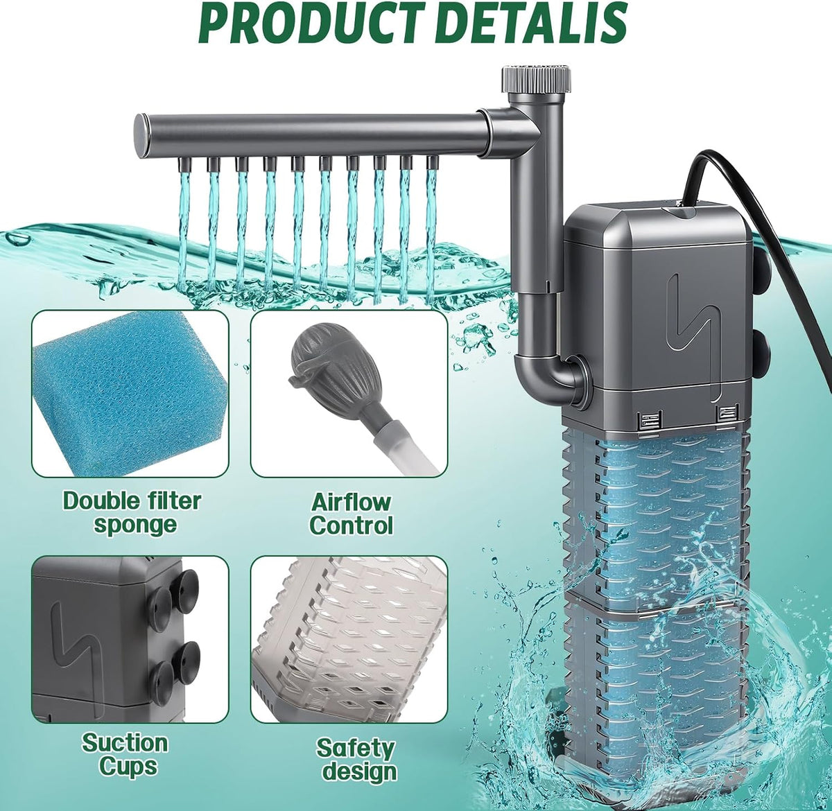 Filtru Intern pentru Acvariu 9W, 800L/h, cu Bară de Pulverizare și 2 Bureți de Schimb, pentru Acvarii 20-50L
