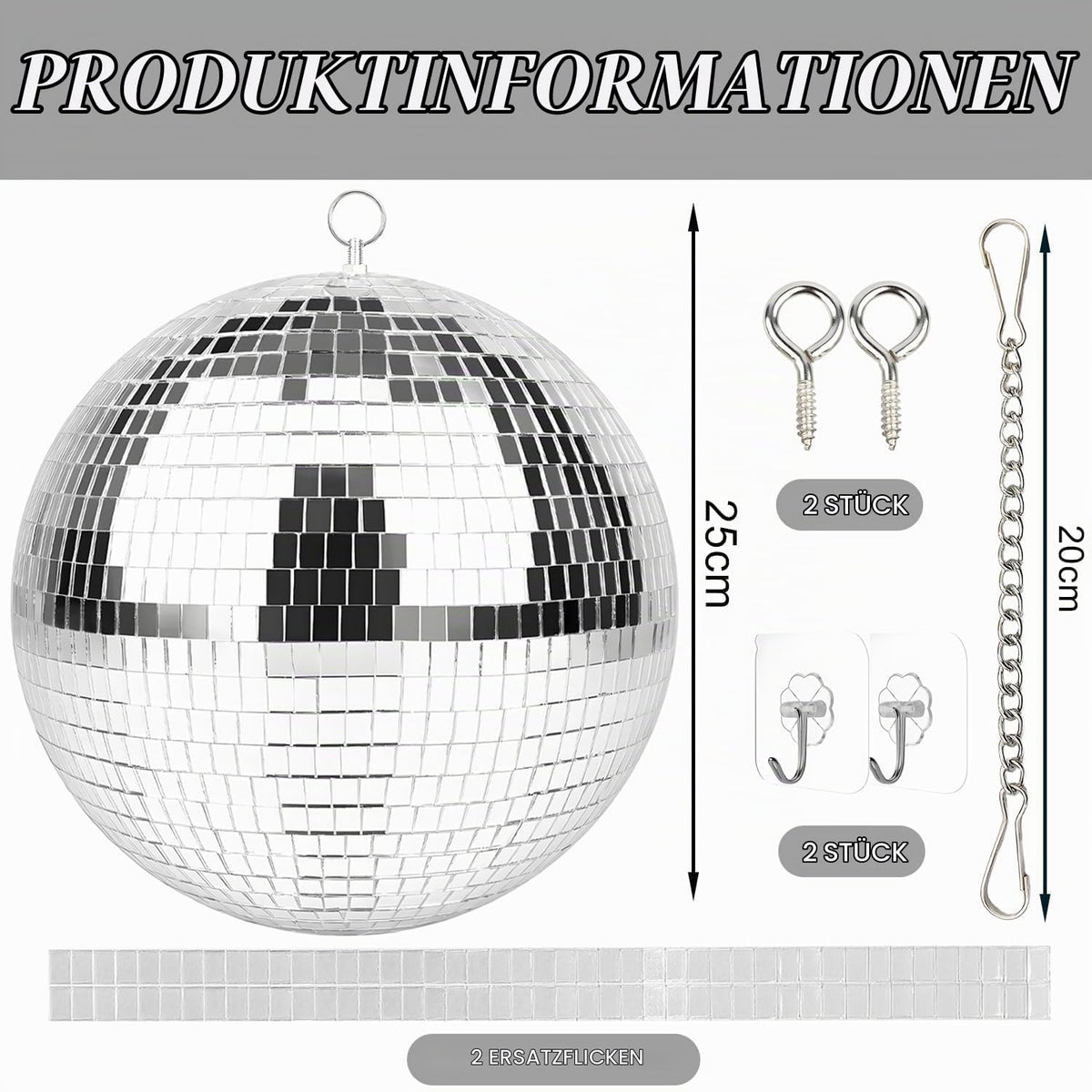 Glob Disco Decorativ 25 cm, Argintiu, cu Oglinzi Reflectorizante și Sistem de Suspendare