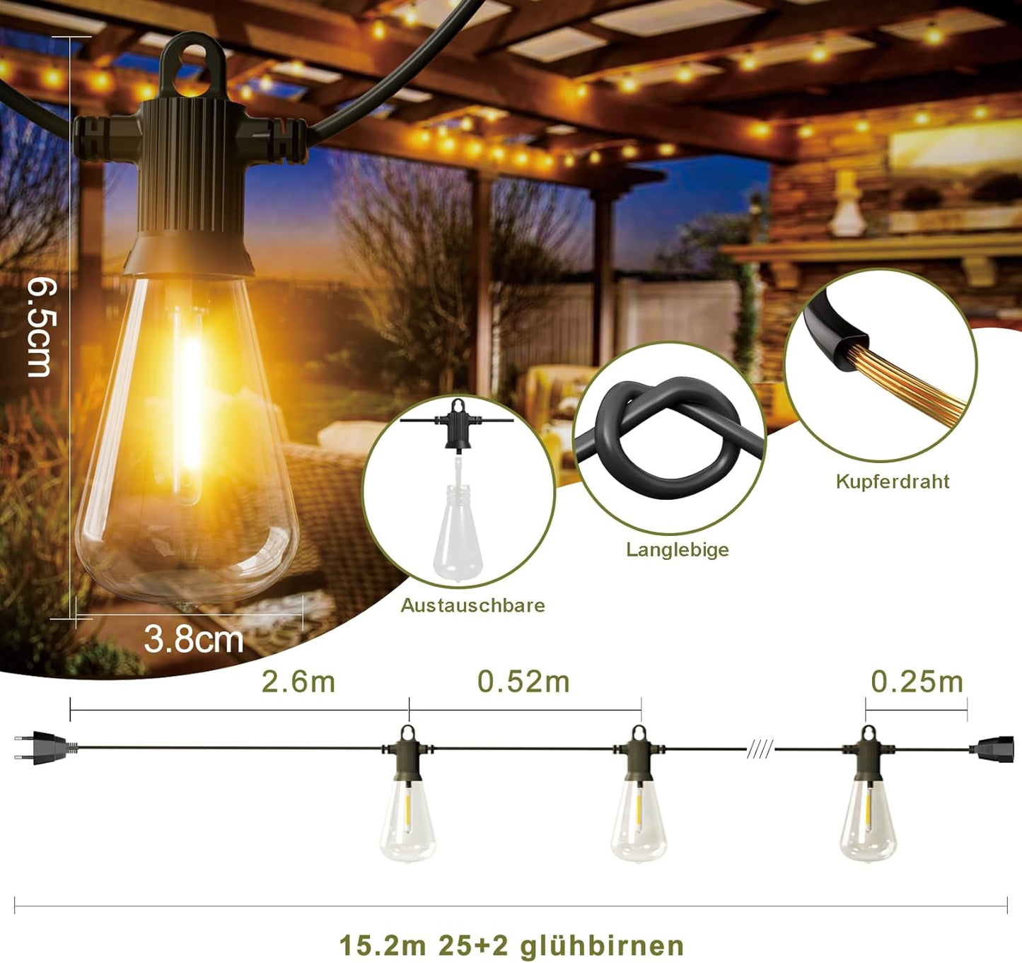 Ghirlandă luminoasă de exterior – 15,2 m, 25+2 becuri LED ST38, IP65, lumină caldă 2700K