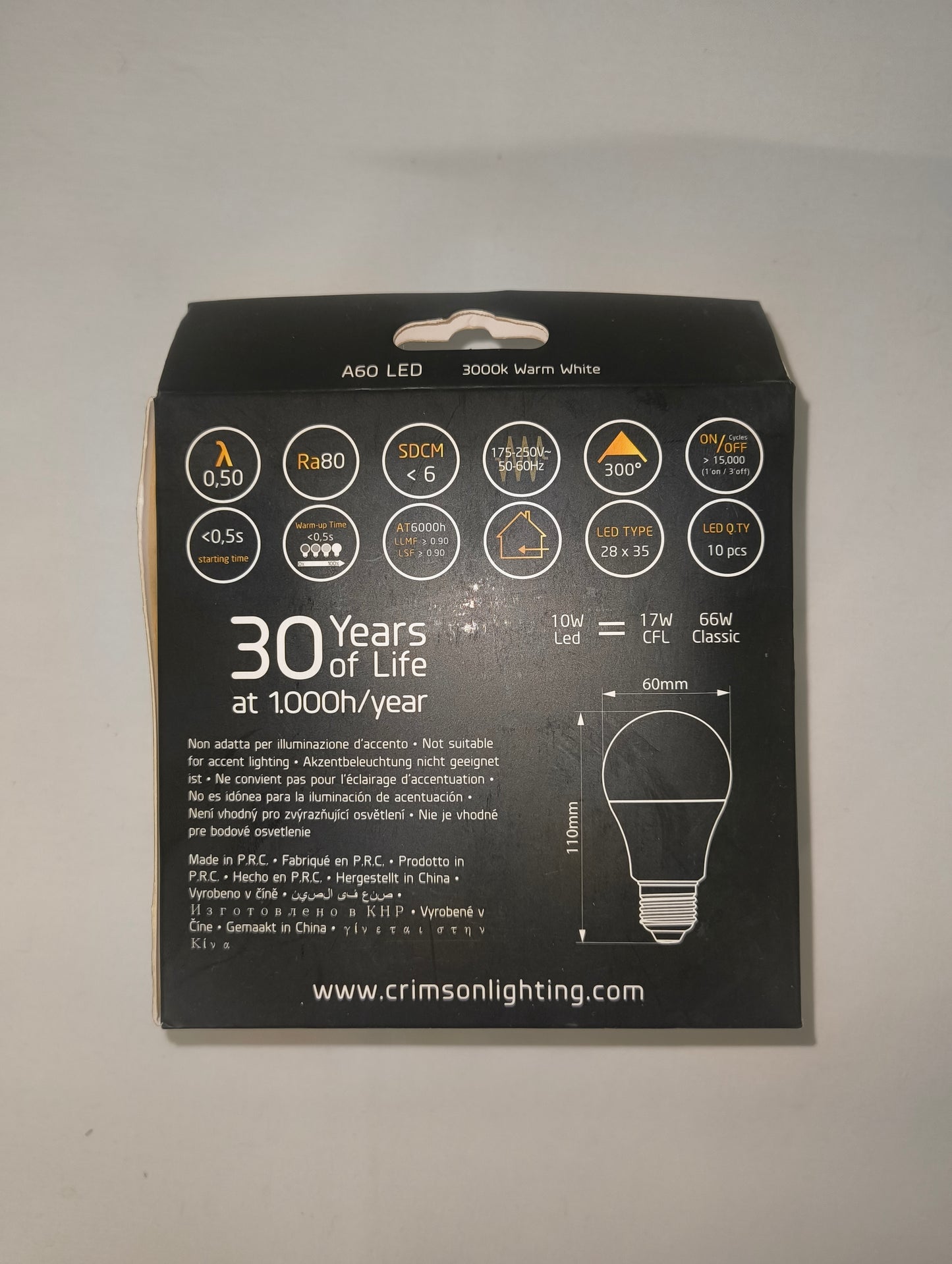 Bec LED CRIMSON A60, 10W, 900 lm, E27, 3000K – Durată de viață 30 de ani