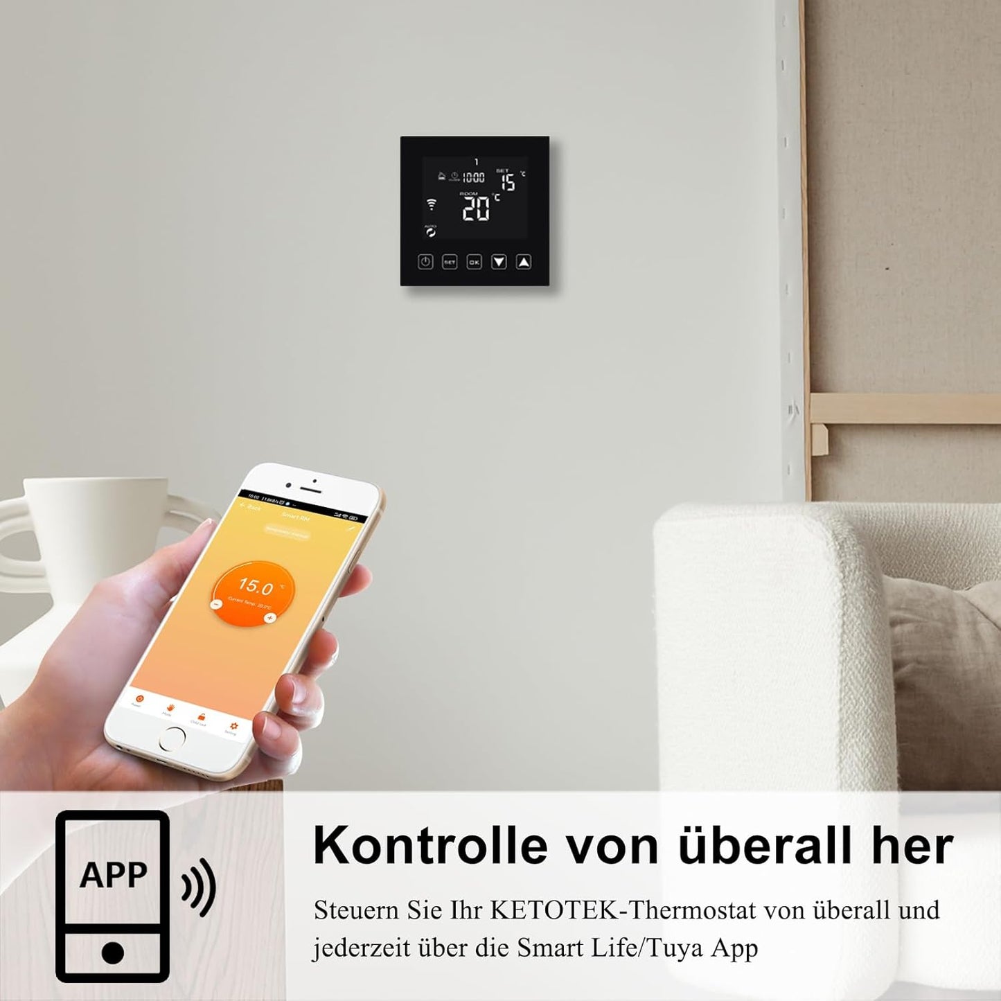 Termostat Smart WiFi KETOTEK KTF0163C – Compatibil Alexa & Google Home, Programabil 7 Zile, Control prin Tuya/Smart Life (Negru)