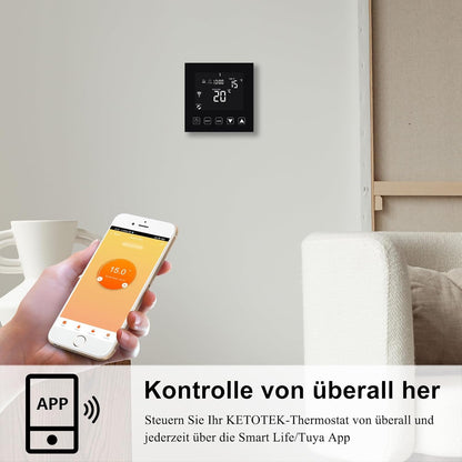 Termostat Smart WiFi KETOTEK KTF0163C – Compatibil Alexa & Google Home, Programabil 7 Zile, Control prin Tuya/Smart Life (Negru)