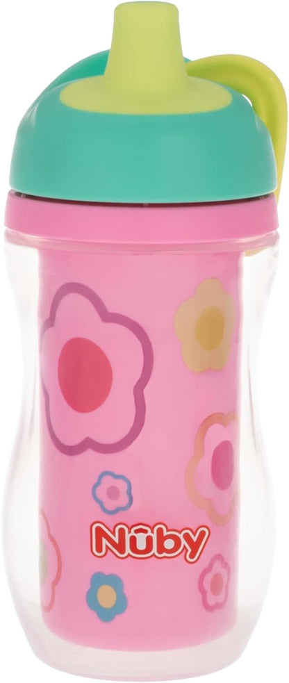 Cana termoizolantă pentru copii Nuby Easy Grip – cu pai flexibil, design floral, 270 ml, 6+ luni