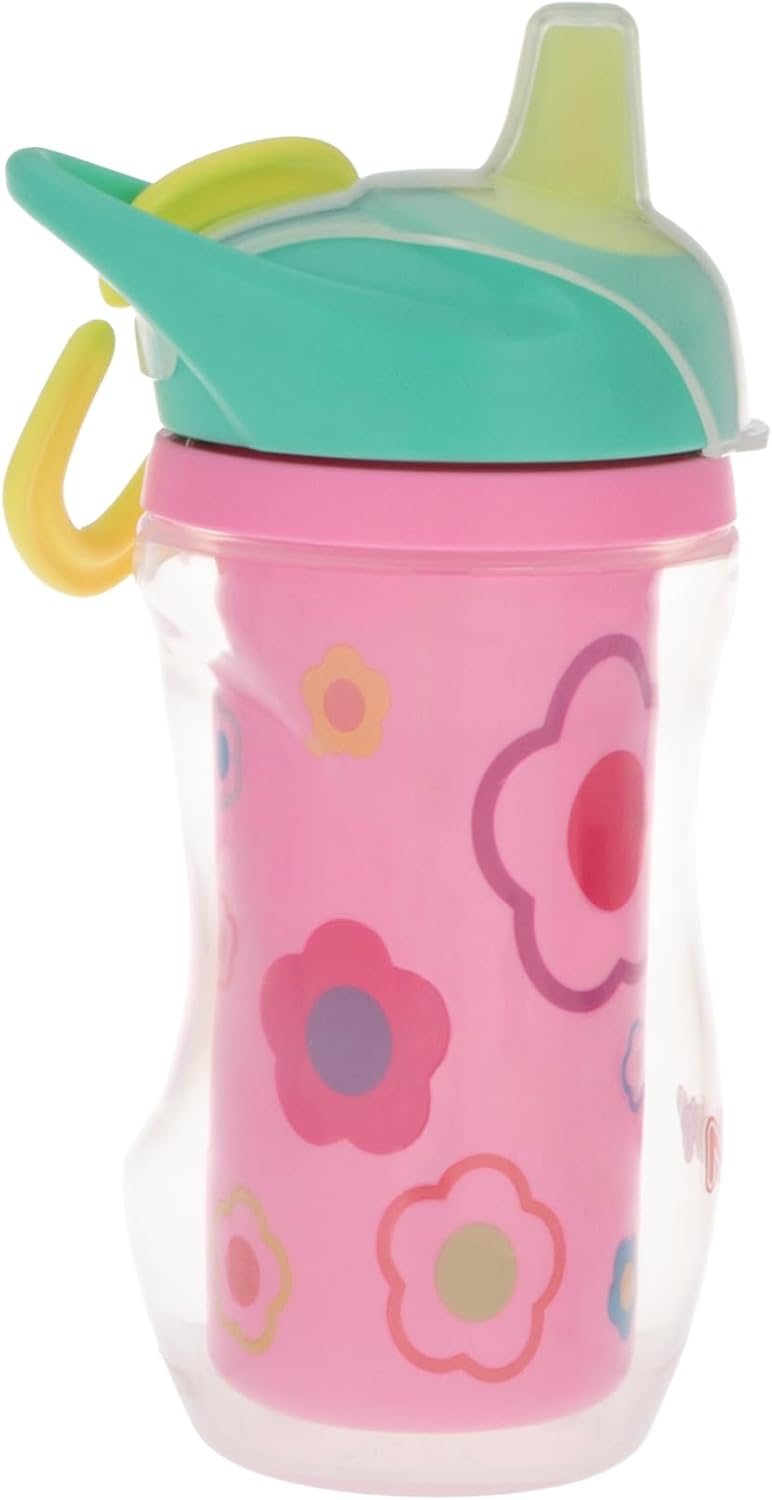 Cana termoizolantă pentru copii Nuby Easy Grip – cu pai flexibil, design floral, 270 ml, 6+ luni