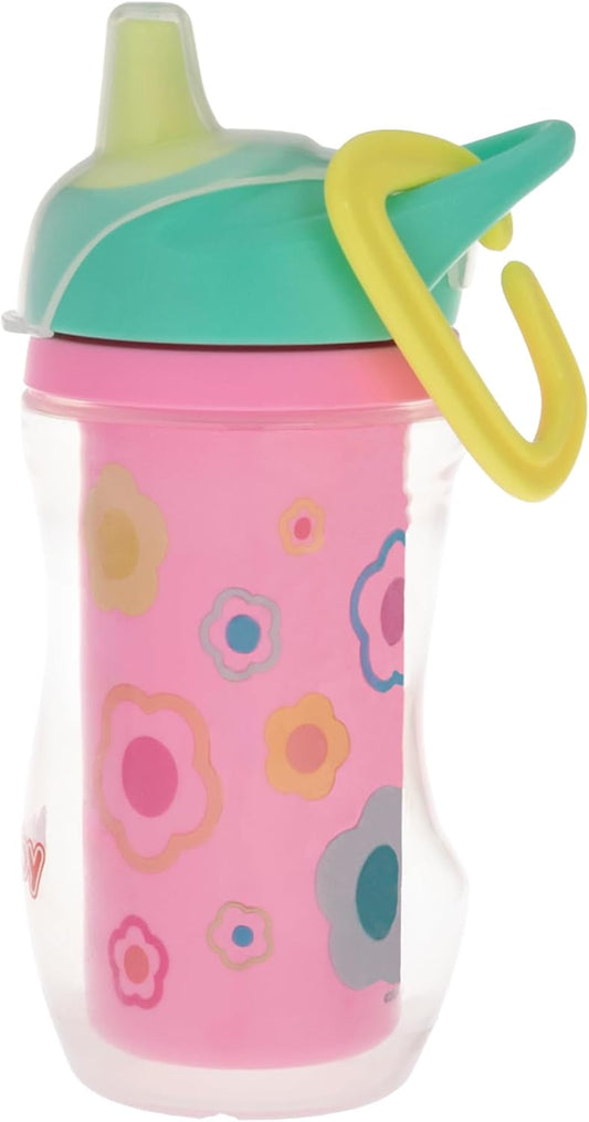 Cana termoizolantă pentru copii Nuby Easy Grip – cu pai flexibil, design floral, 270 ml, 6+ luni