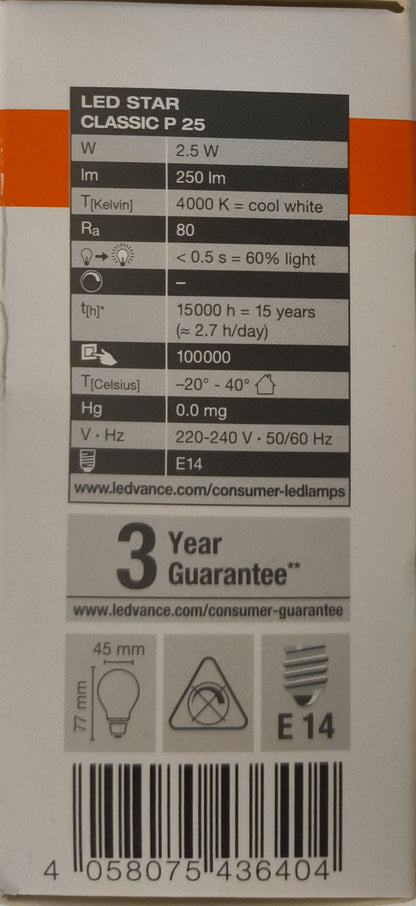 Bec LED OSRAM Retrofit CLASSIC P, 2.5W, E14, 4000K, 250 lm – Mat