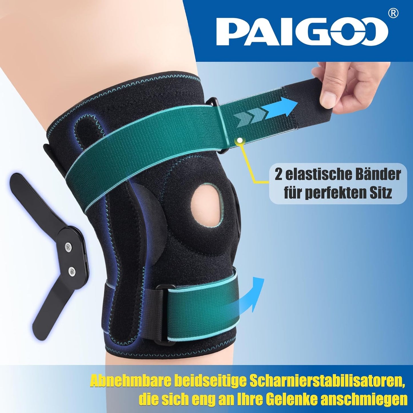 Orteza pentru Genunchi PAIGOO – Cu Balamale Laterale, Curele Paralele, Gel 360°, Deschidere Patelară, Suport pentru MCL, ACL, Artrită și Leziuni de Ligamente