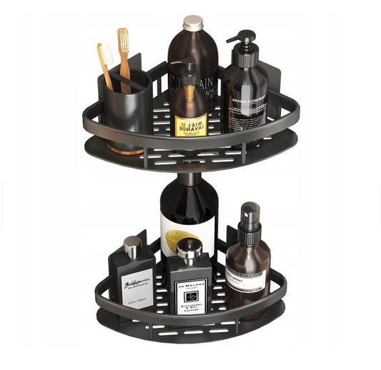 Set 2 rafturi colț baie, aluminiu, 29×22×5.5 cm, negru – Descriere produs