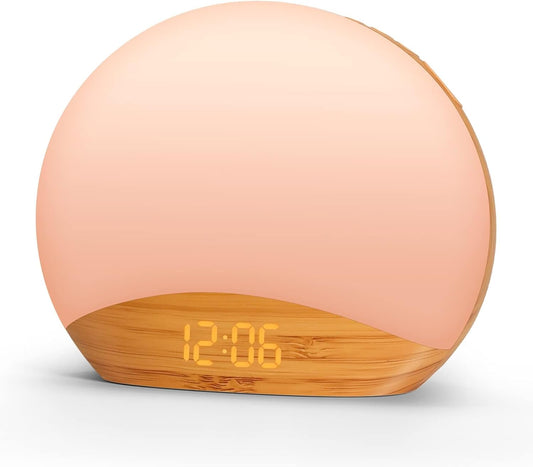 Ceas cu alarmă REACHER Sunrise – Lumină de trezire, 26 sunete, afișaj LED, design lemn