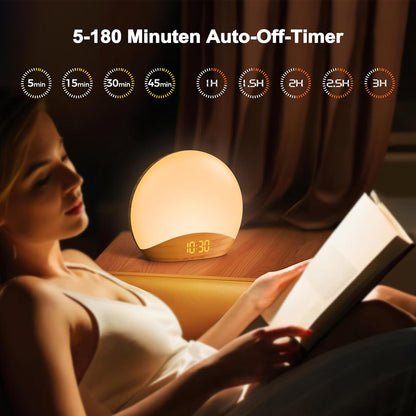 Ceas cu alarmă REACHER Sunrise – Lumină de trezire, 26 sunete, afișaj LED, design lemn