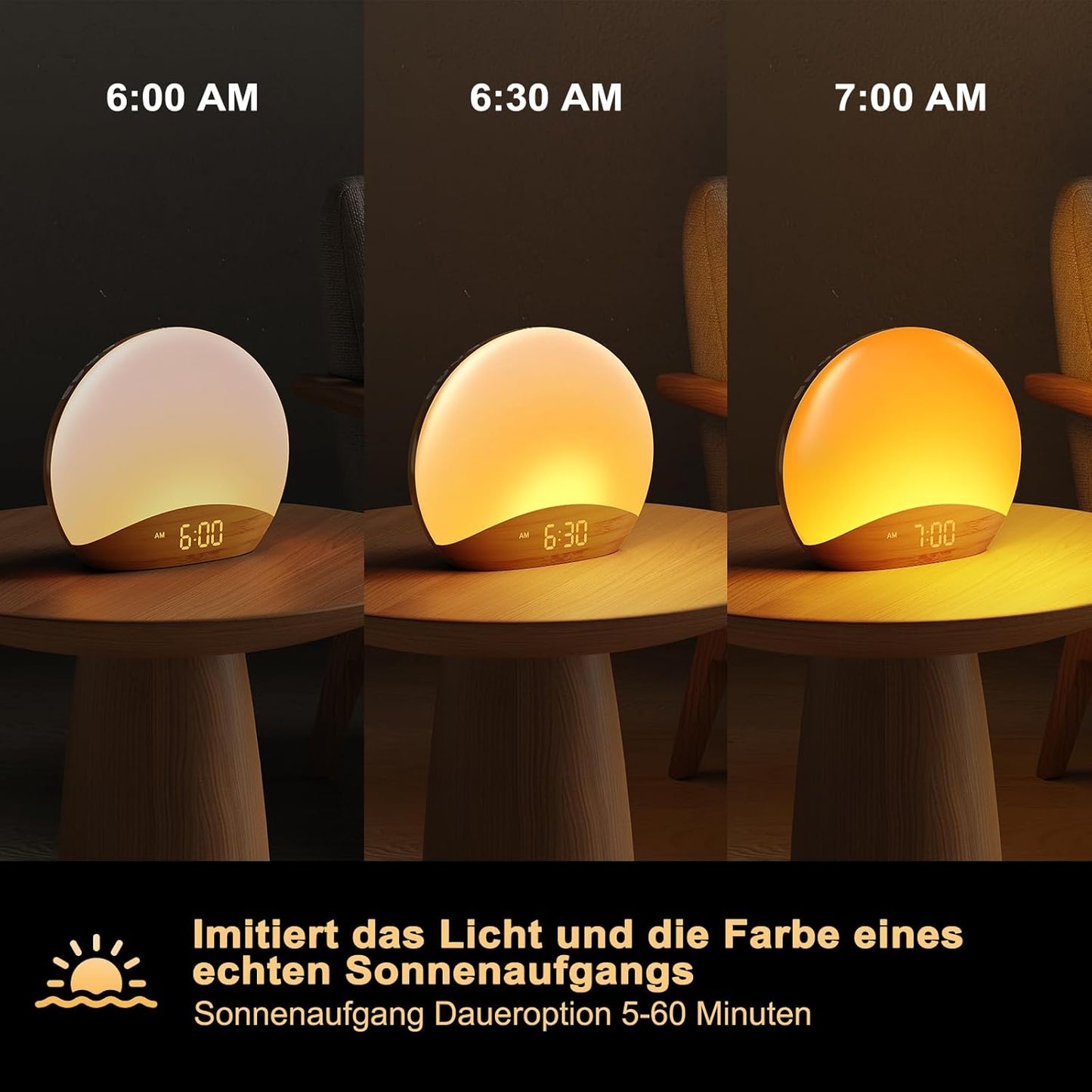 Ceas cu alarmă REACHER Sunrise – Lumină de trezire, 26 sunete, afișaj LED, design lemn