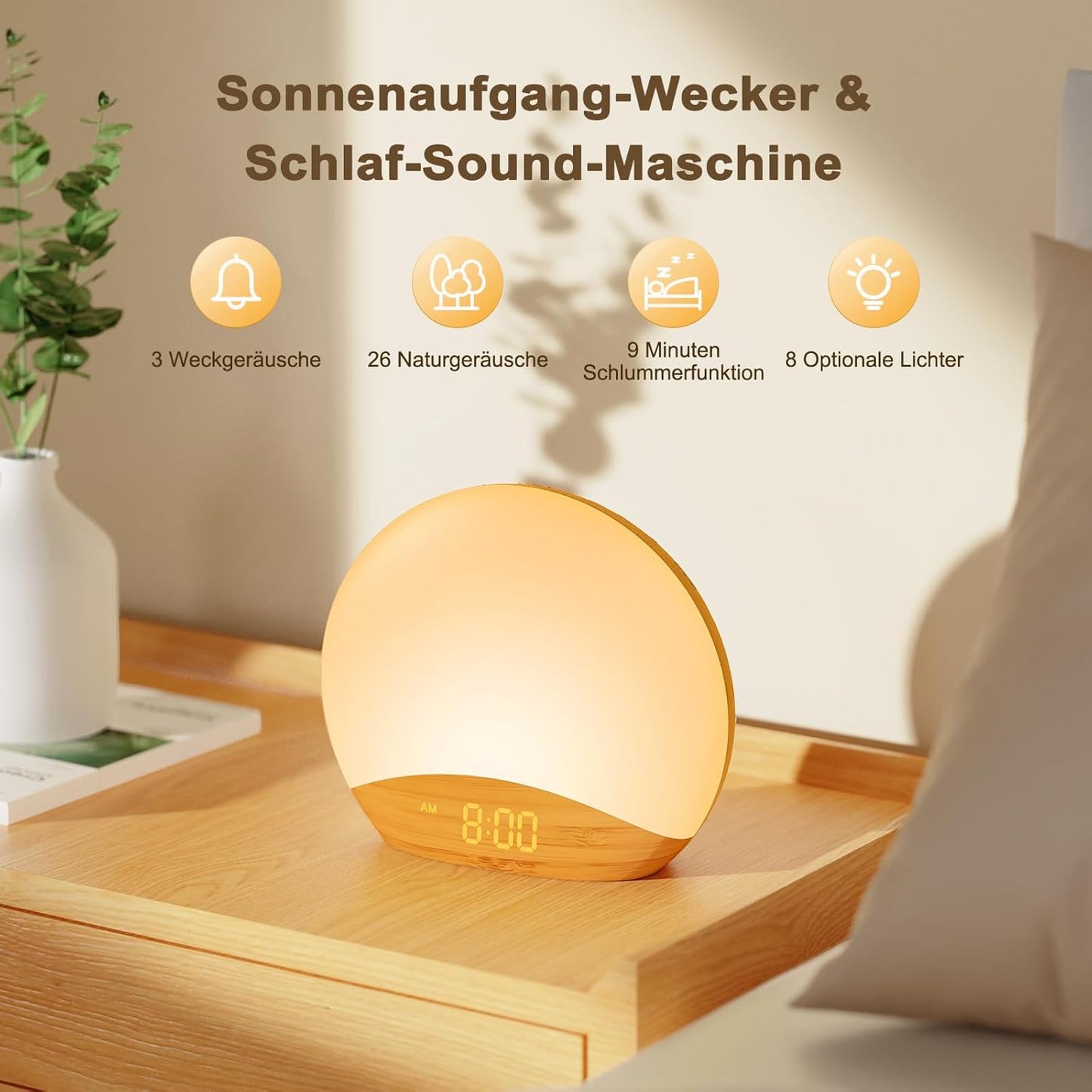 Ceas cu alarmă REACHER Sunrise – Lumină de trezire, 26 sunete, afișaj LED, design lemn