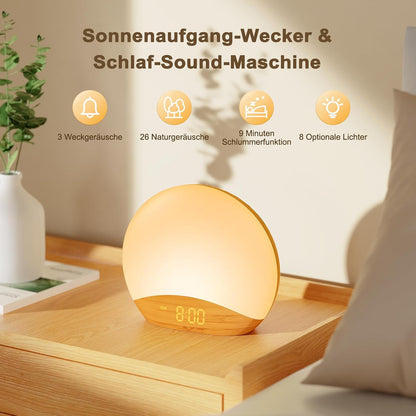 Ceas cu alarmă REACHER Sunrise – Lumină de trezire, 26 sunete, afișaj LED, design lemn