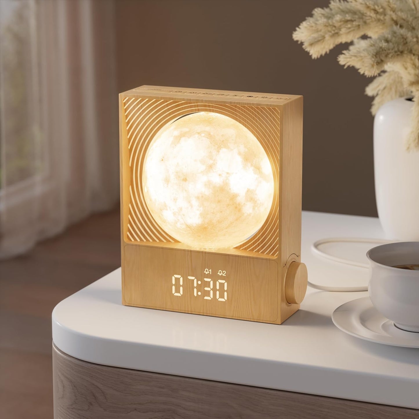 Lampă Lună Rotativă cu Alarmă Sunrise RETEYUNG – 15 Sunete de Trezire, 10 Sunete Naturale, RGB, 2 Alarme, Timer, 3 Niveluri de Luminozitate