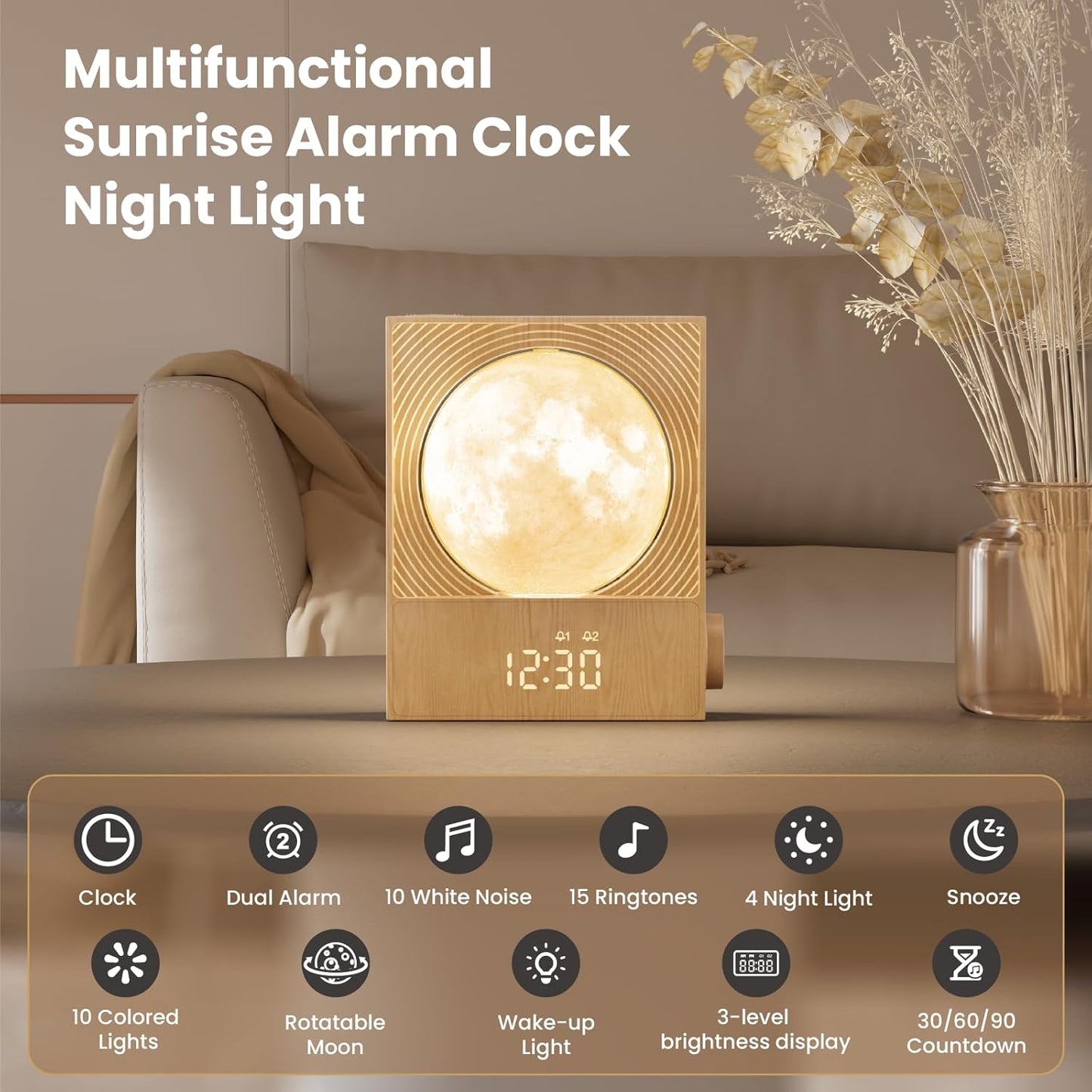 Lampă Lună Rotativă cu Alarmă Sunrise RETEYUNG – 15 Sunete de Trezire, 10 Sunete Naturale, RGB, 2 Alarme, Timer, 3 Niveluri de Luminozitate