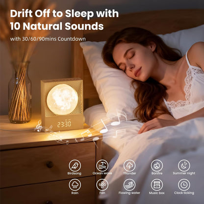 Lampă Lună Rotativă cu Alarmă Sunrise RETEYUNG – 15 Sunete de Trezire, 10 Sunete Naturale, RGB, 2 Alarme, Timer, 3 Niveluri de Luminozitate