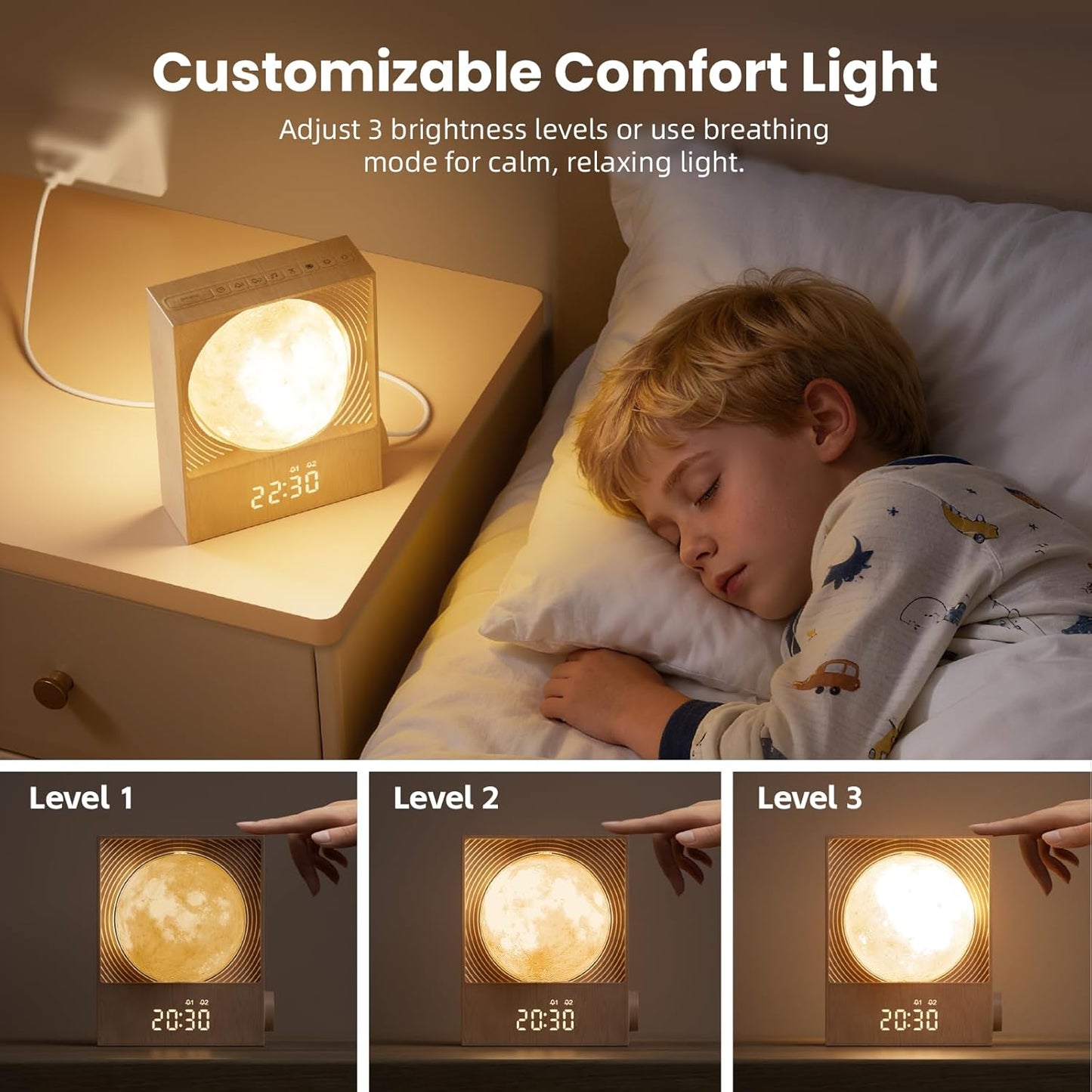 Lampă Lună Rotativă cu Alarmă Sunrise RETEYUNG – 15 Sunete de Trezire, 10 Sunete Naturale, RGB, 2 Alarme, Timer, 3 Niveluri de Luminozitate