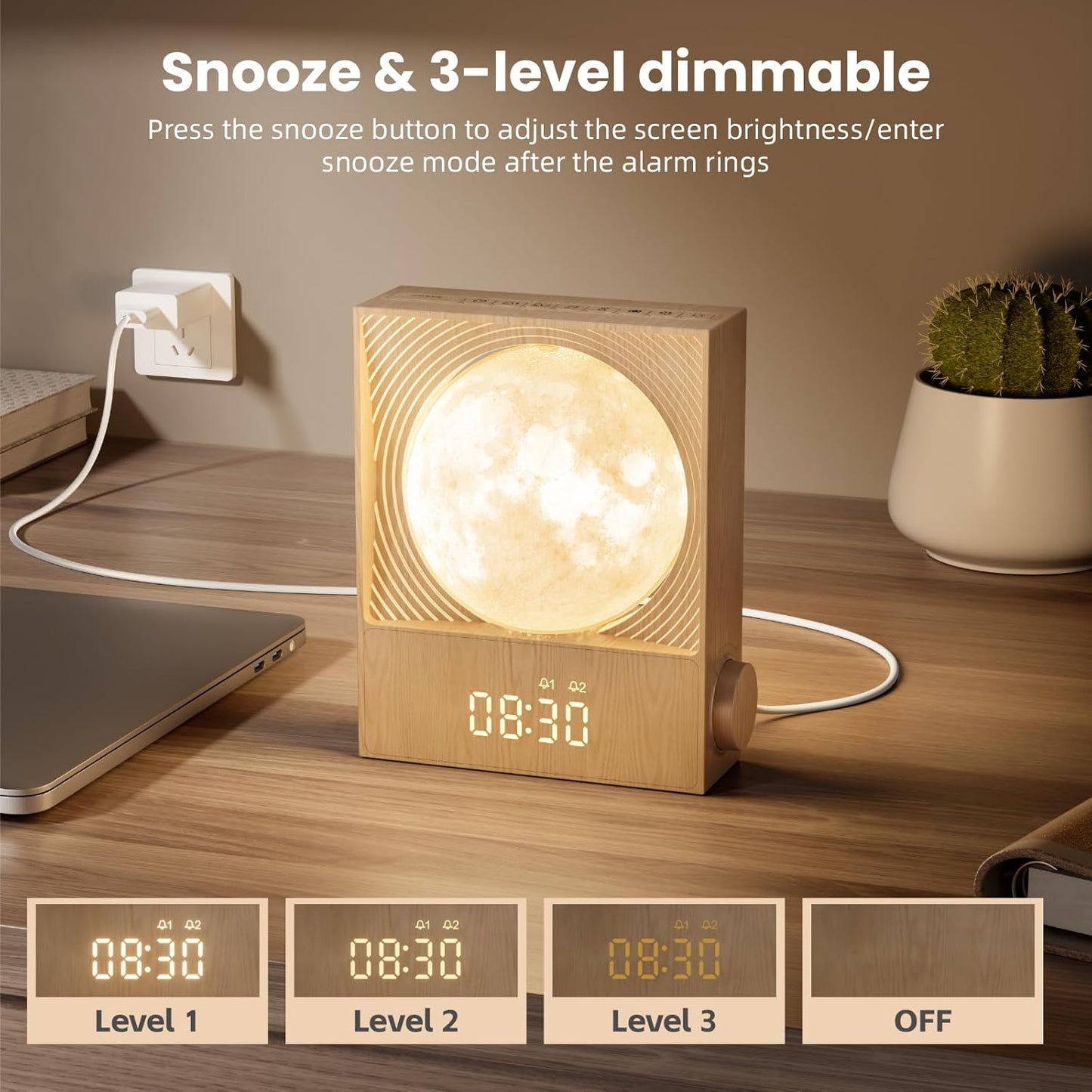 Lampă Lună Rotativă cu Alarmă Sunrise RETEYUNG – 15 Sunete de Trezire, 10 Sunete Naturale, RGB, 2 Alarme, Timer, 3 Niveluri de Luminozitate