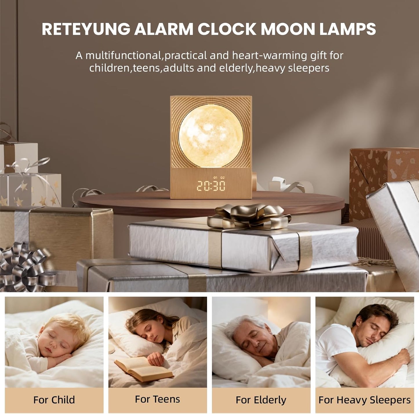Lampă Lună Rotativă cu Alarmă Sunrise RETEYUNG – 15 Sunete de Trezire, 10 Sunete Naturale, RGB, 2 Alarme, Timer, 3 Niveluri de Luminozitate