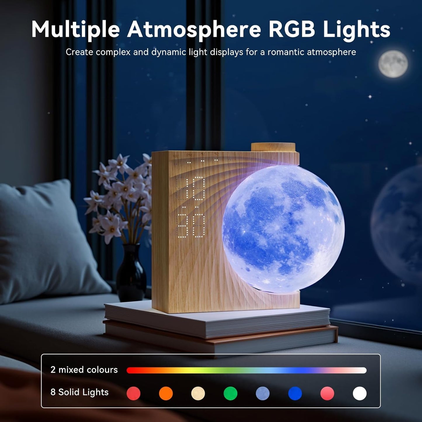 Lampă Lună cu Alarmă RETEYUNG – Wake‑Up Light, 2 Alarme, Sunete Naturale, 8 Culori RGB, 3 Niveluri de Luminozitate