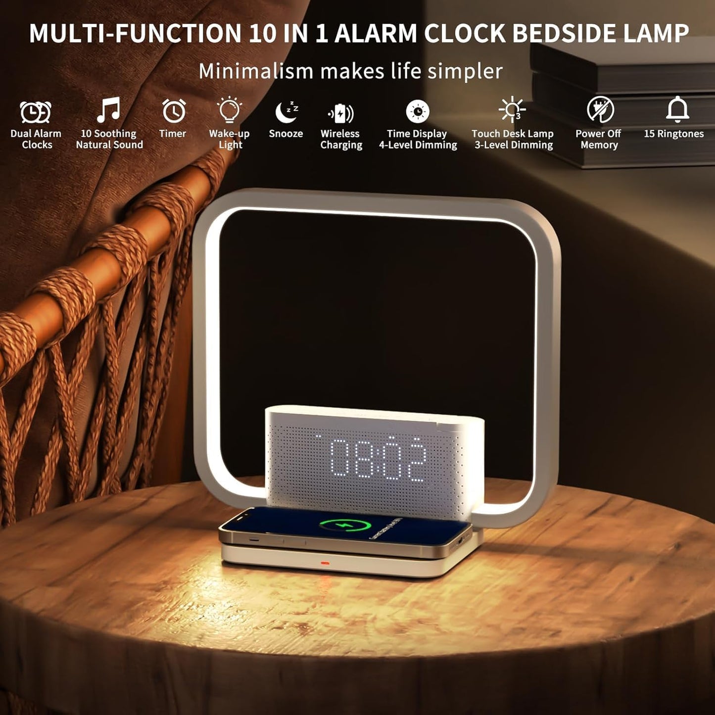 Ceas cu alarmă RETEYUNG Sunrise – Lampă tactilă, încărcare wireless, sunete naturale, lumină de trezire
