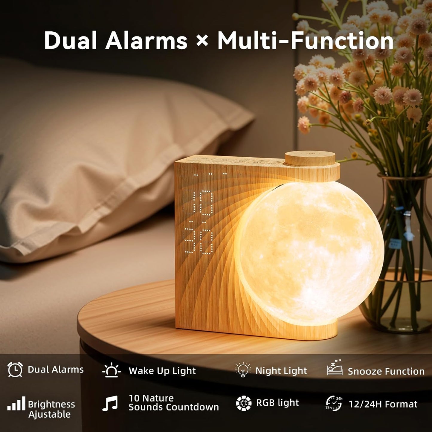 Lampă Lună cu Alarmă RETEYUNG – Wake‑Up Light, 2 Alarme, Sunete Naturale, 8 Culori RGB, 3 Niveluri de Luminozitate