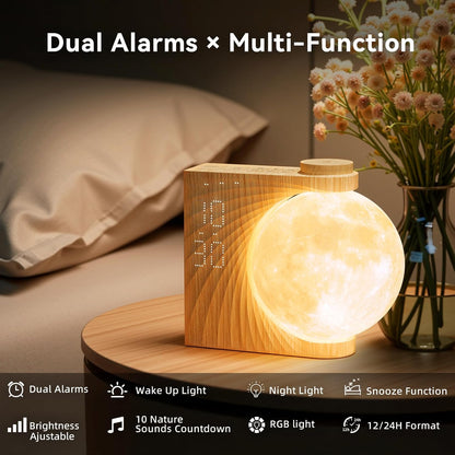 Lampă Lună cu Alarmă RETEYUNG – Wake‑Up Light, 2 Alarme, Sunete Naturale, 8 Culori RGB, 3 Niveluri de Luminozitate