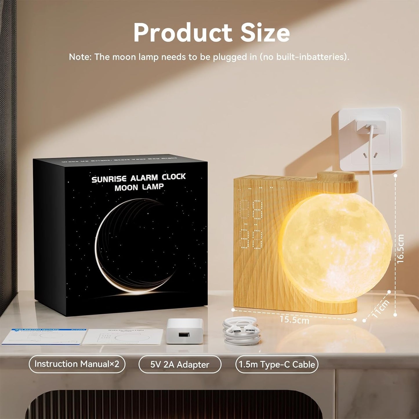 Lampă Lună cu Alarmă RETEYUNG – Wake‑Up Light, 2 Alarme, Sunete Naturale, 8 Culori RGB, 3 Niveluri de Luminozitate