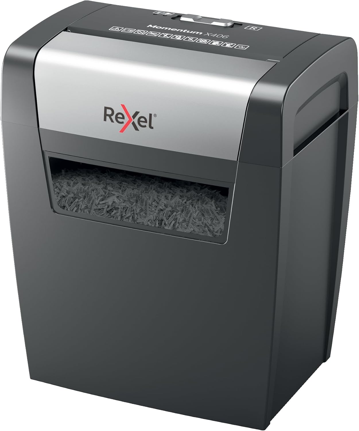 Distrugător de documente Rexel Momentum X406 – Cross‑Cut P4, 6 coli, Coș 15L, Negru