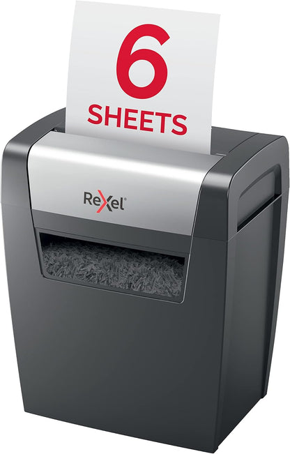 Distrugător de documente Rexel Momentum X406 – Cross‑Cut P4, 6 coli, Coș 15L, Negru