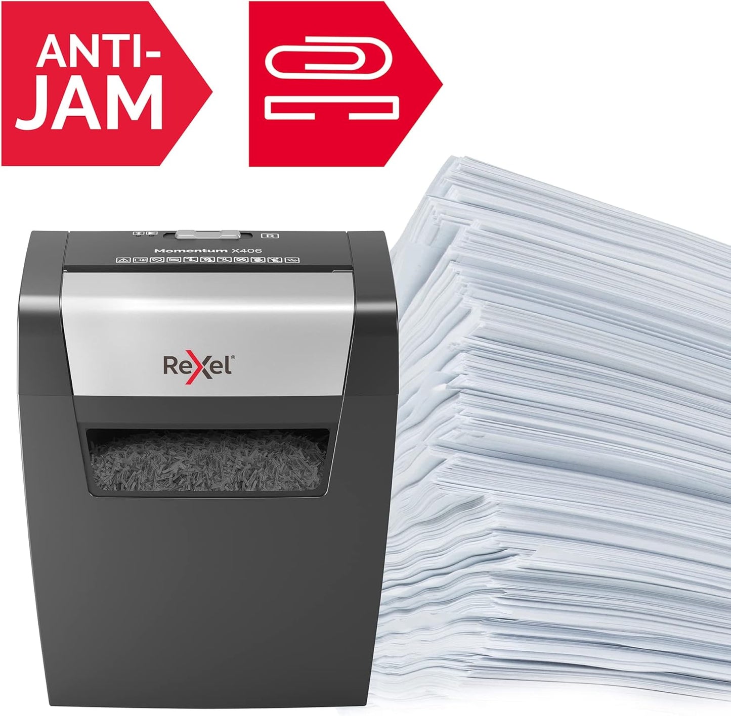 Distrugător de documente Rexel Momentum X406 – Cross‑Cut P4, 6 coli, Coș 15L, Negru