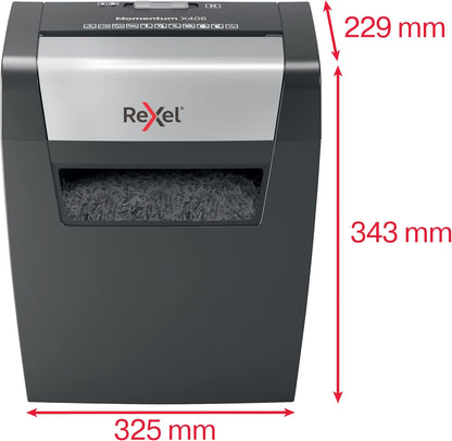 Distrugător de documente Rexel Momentum X406 – Cross‑Cut P4, 6 coli, Coș 15L, Negru