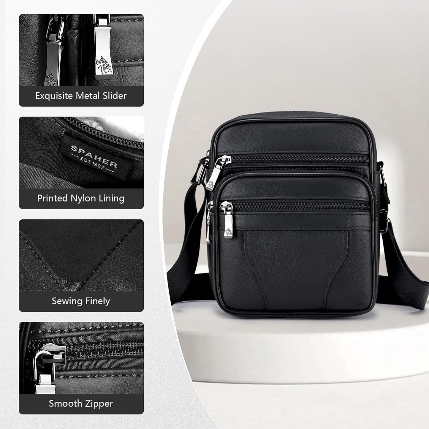 SPAHER – Geantă Bărbați din Piele Naturală | Crossbody Retro, 17 × 8 × 20 cm, Negru