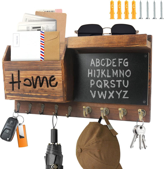 SHTALHST – Suport de Chei din Lemn cu Raft | 40 × 22 cm, 9 Agățători Metalice, Stil Vintage, Tăbliță pentru Mesaje