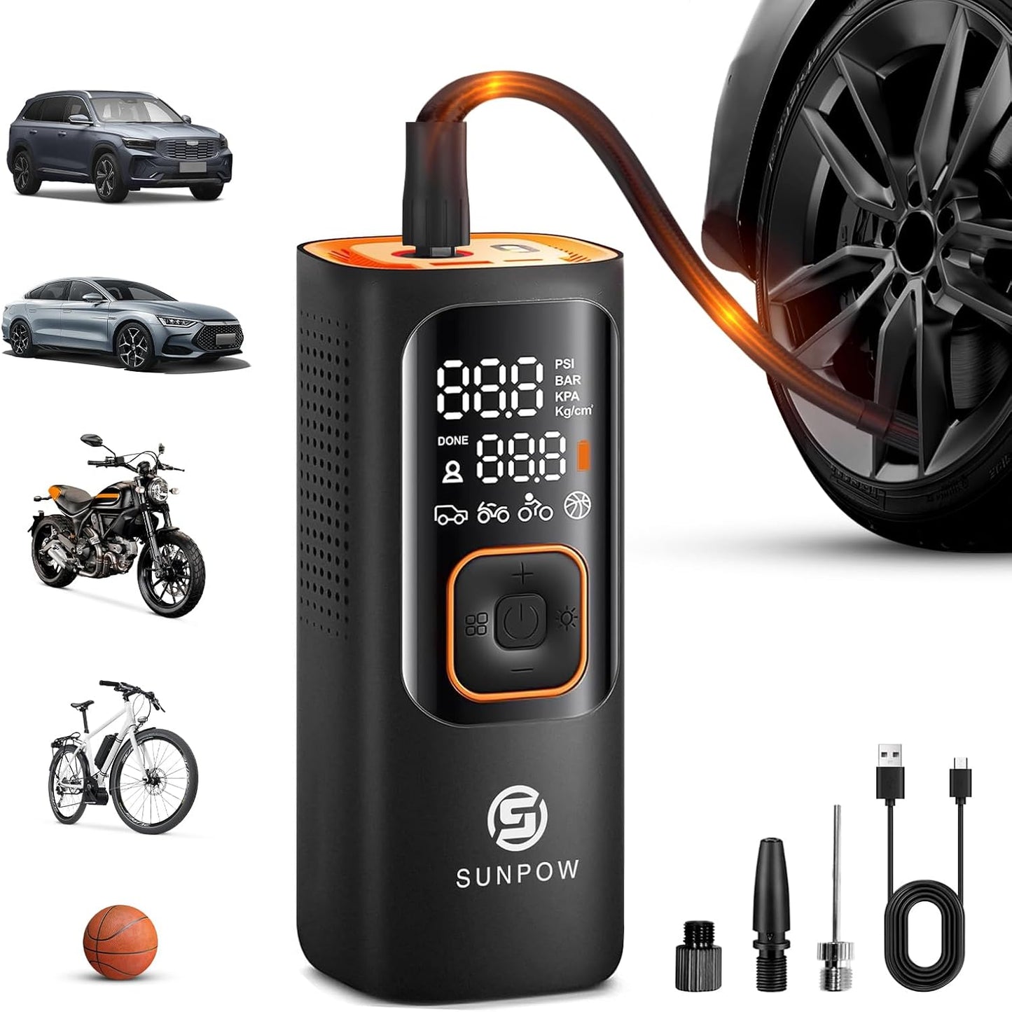 Compresor Electric Portabil SUNPOW 160 PSI, 7500 mAh - Puternic, rapid și ideal pentru orice situație de urgență auto