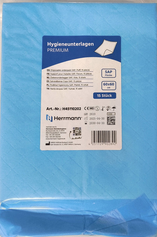 Pachete de aleze absorbante Herrmann PREMIUM – 60×60 cm, 15 bucăți