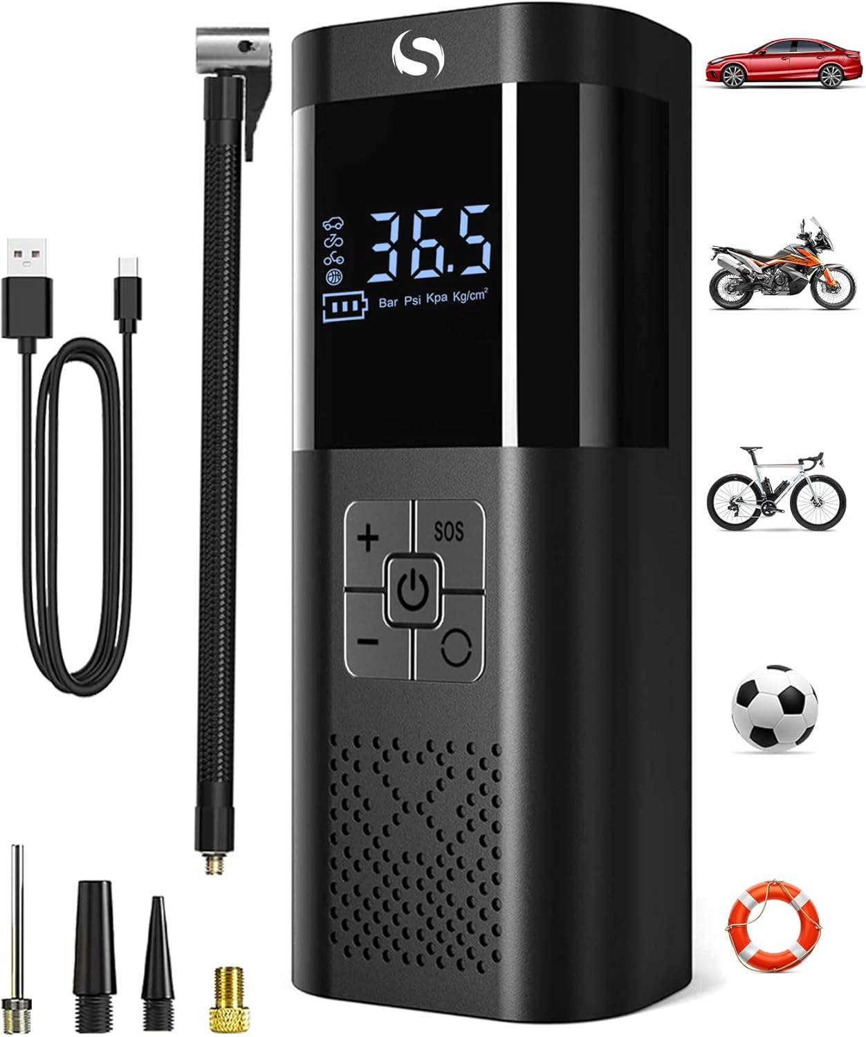 SERVOMASTER – Compresor Electric Portabil 150 PSI | Pompă Auto & Bicicletă, Baterie Reîncărcabilă, Display Digital, LED SOS