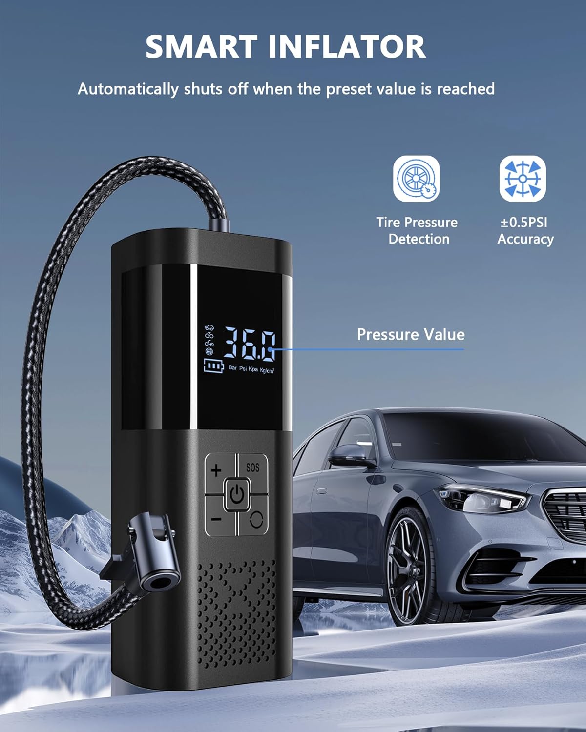 SERVOMASTER – Compresor Electric Portabil 150 PSI | Pompă Auto & Bicicletă, Baterie Reîncărcabilă, Display Digital, LED SOS