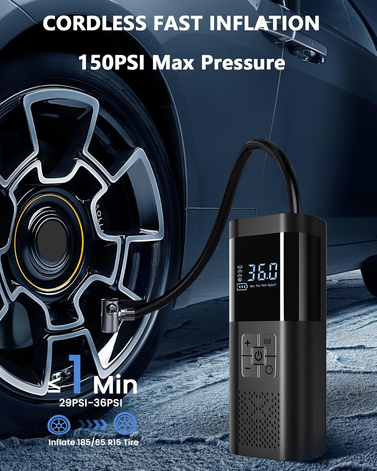SERVOMASTER – Compresor Electric Portabil 150 PSI | Pompă Auto & Bicicletă, Baterie Reîncărcabilă, Display Digital, LED SOS