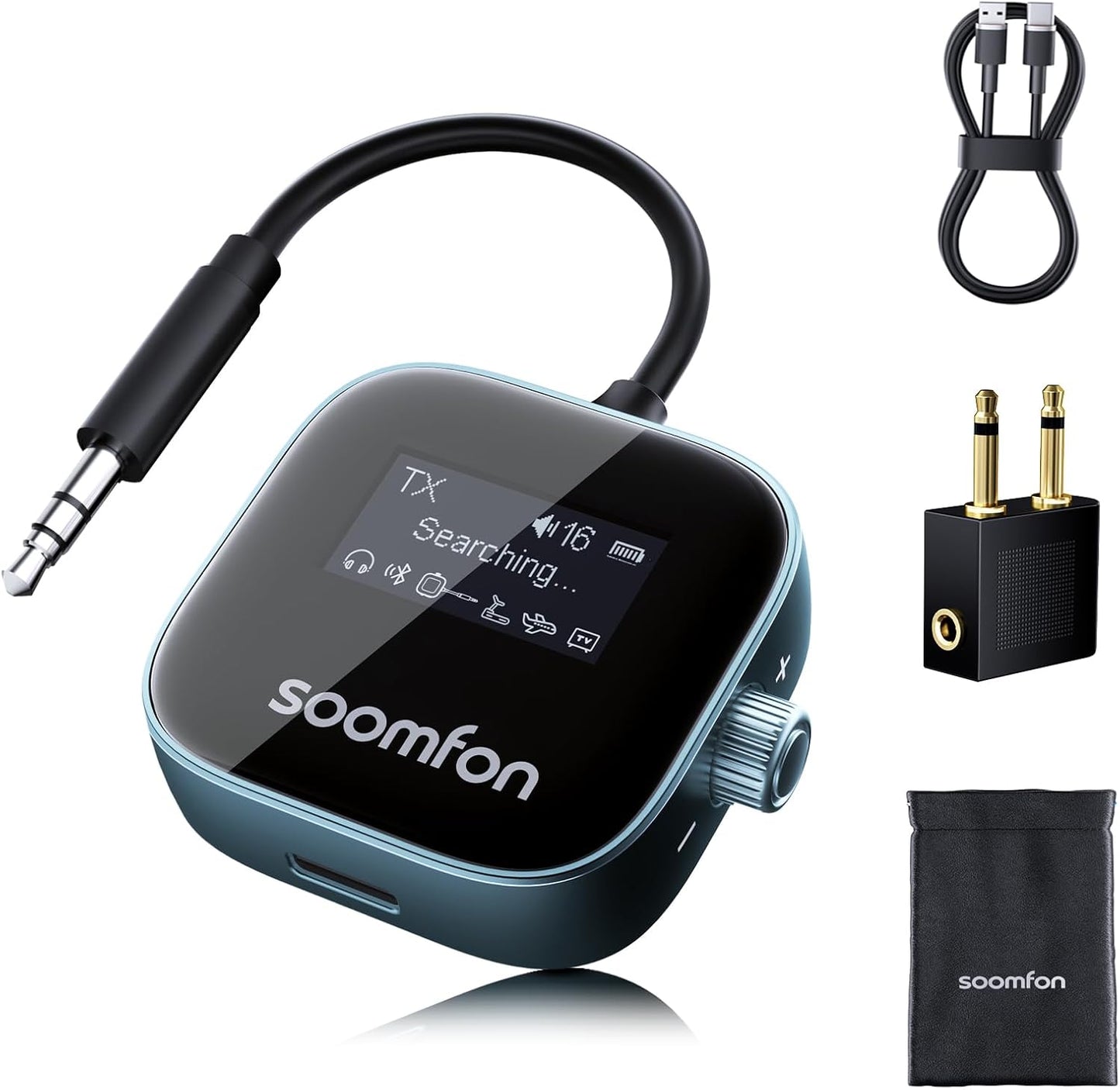 Adaptor Bluetooth 5.3 SOOMFON – Transmițător & Receptor 2‑în‑1, cu Ecran LCD și Conectare Duală (Pentru Avion, TV, Căști, Boxe)