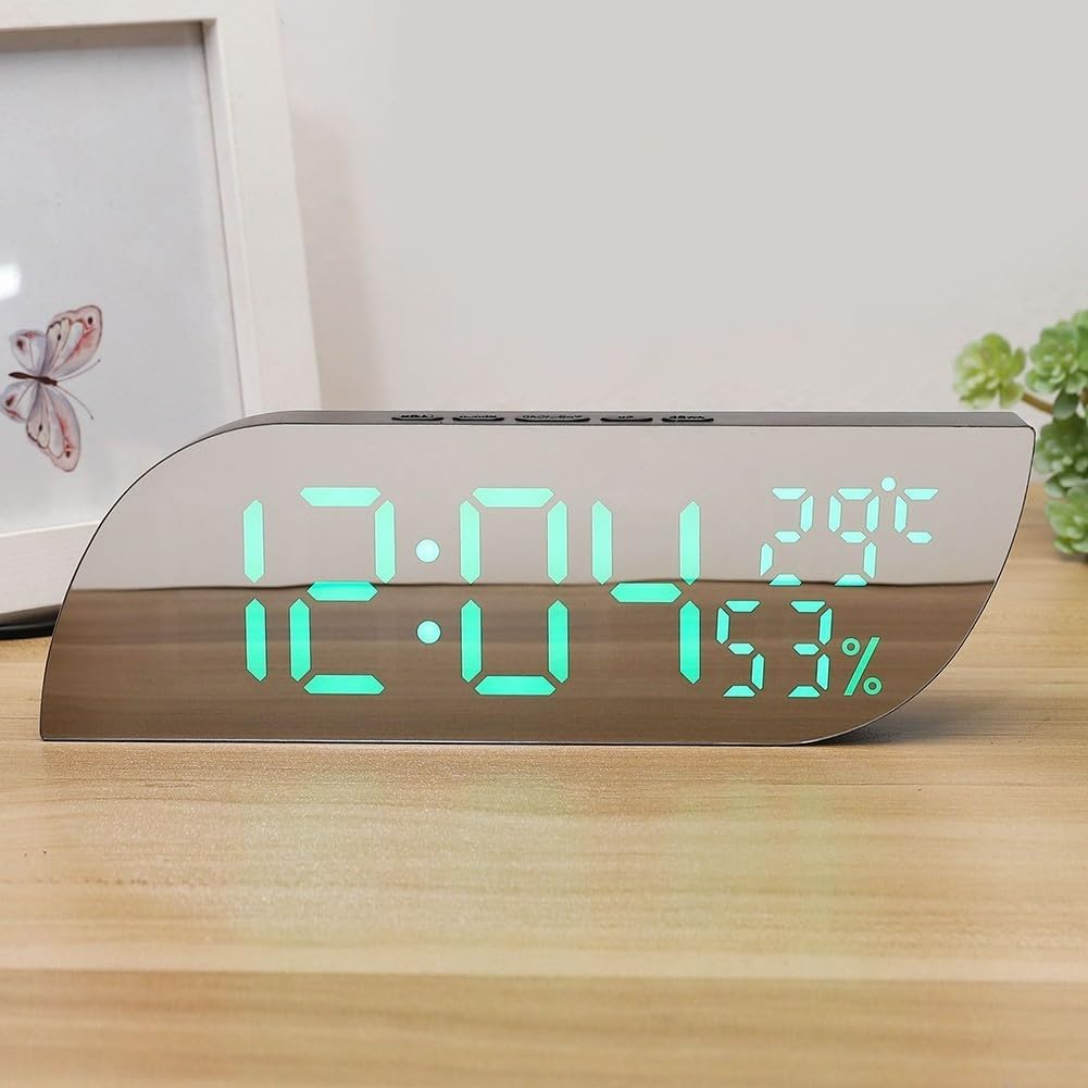 Ceas Electronic cu Alarmă SPORTARC – Afișaj Tip Oglindă, Termometru &amp; Higrometru, Luminozitate Reglabilă (Alb + Verde)